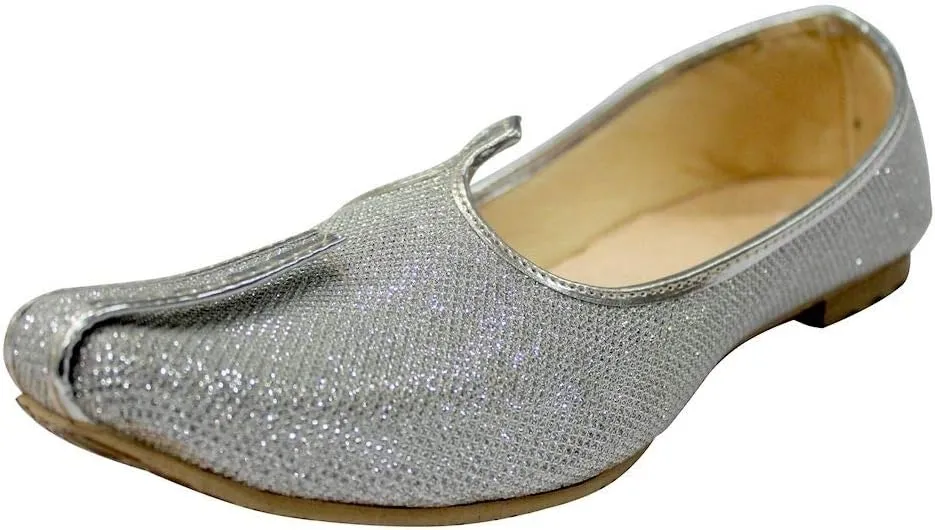 Silver Glitter Mens Wedding Shoes for Sherwani Indian Shoes Jutti Mojari for Mens