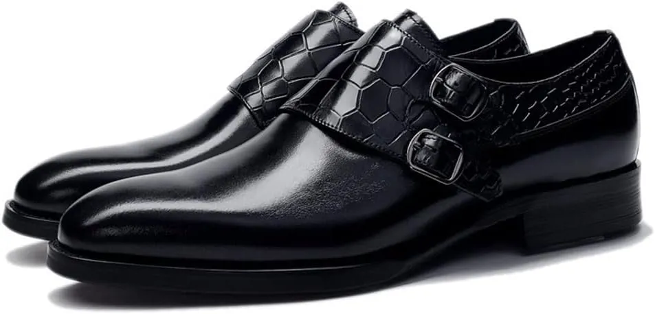 Single Season Dress Oxford Shoes for Men Slip On Double Monk Strap Crocodile Embossed Round Toe Cowhide Slip Resistant Anti-Slip Block Heel Working Very Popular Among Young People (Color Black