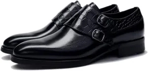 Single Season Dress Oxford Shoes for Men Slip On Double Monk Strap Crocodile Embossed Round Toe Cowhide Slip Resistant Anti-Slip Block Heel Working Very Popular Among Young People (Color Black