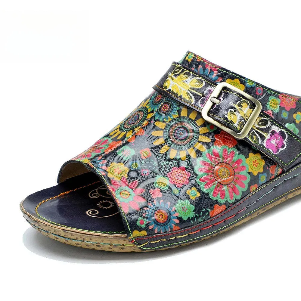 Socofy Spring Summer Genuine Leather Outside Slippers Hand-painted Retro Comfort Flat Sandals
