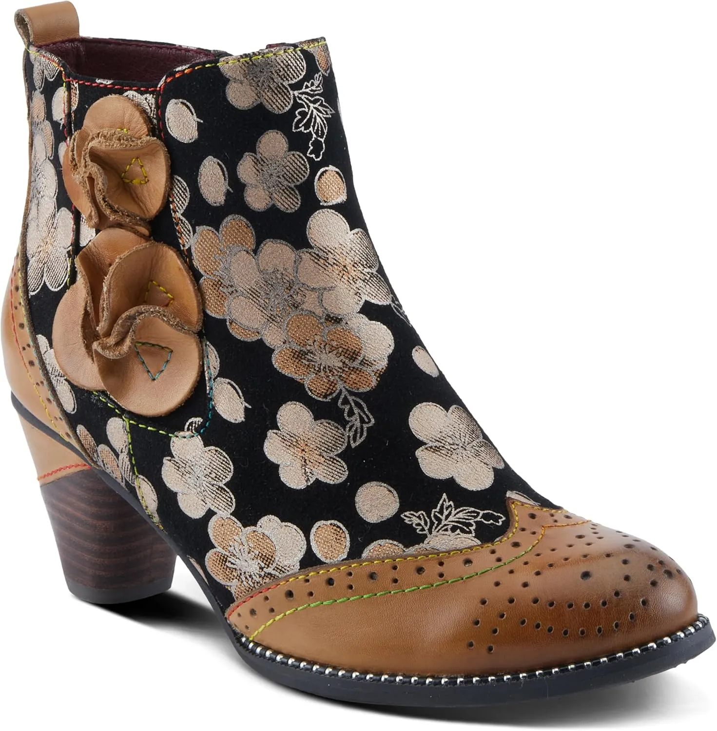Spring Step L'Artiste Glynn Women's Floral Oxford Bootie - Pretty & Punk, Suede with Rainbow Stitching