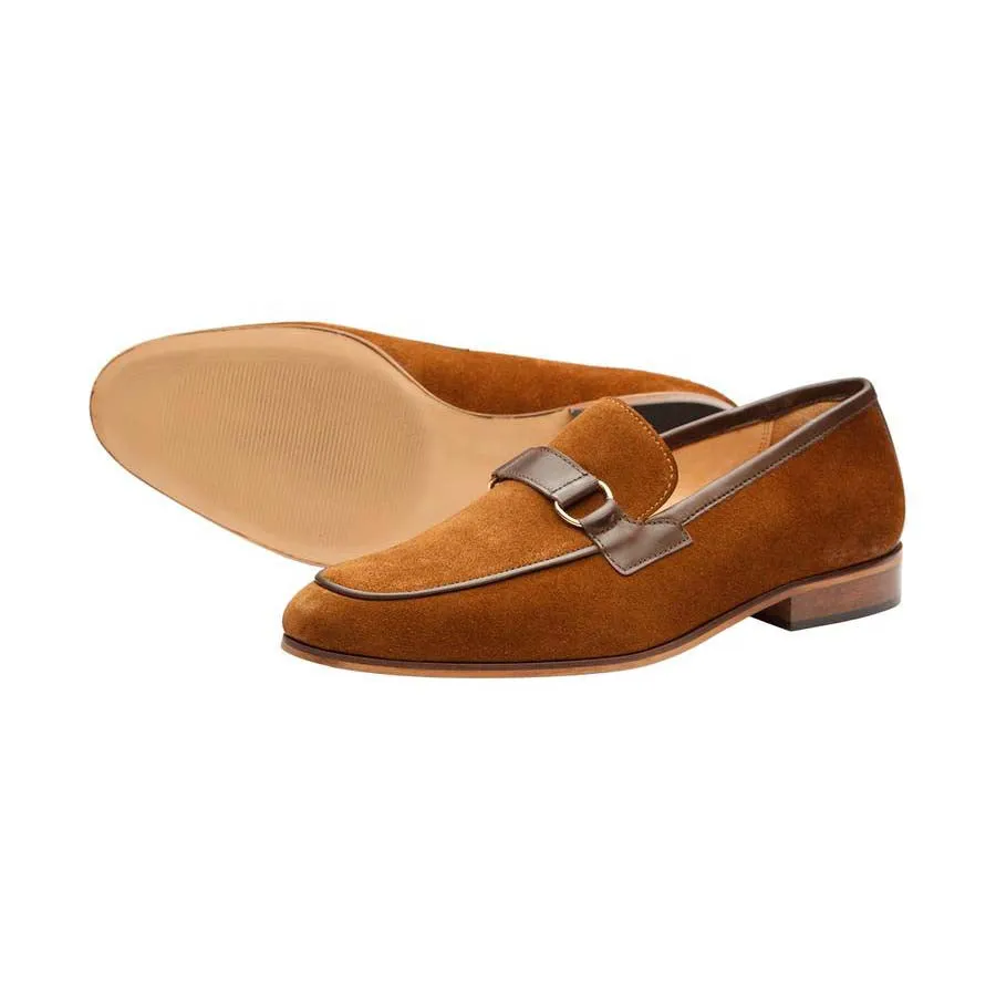 Tan Suede with Brown Leather Buckle Loafer