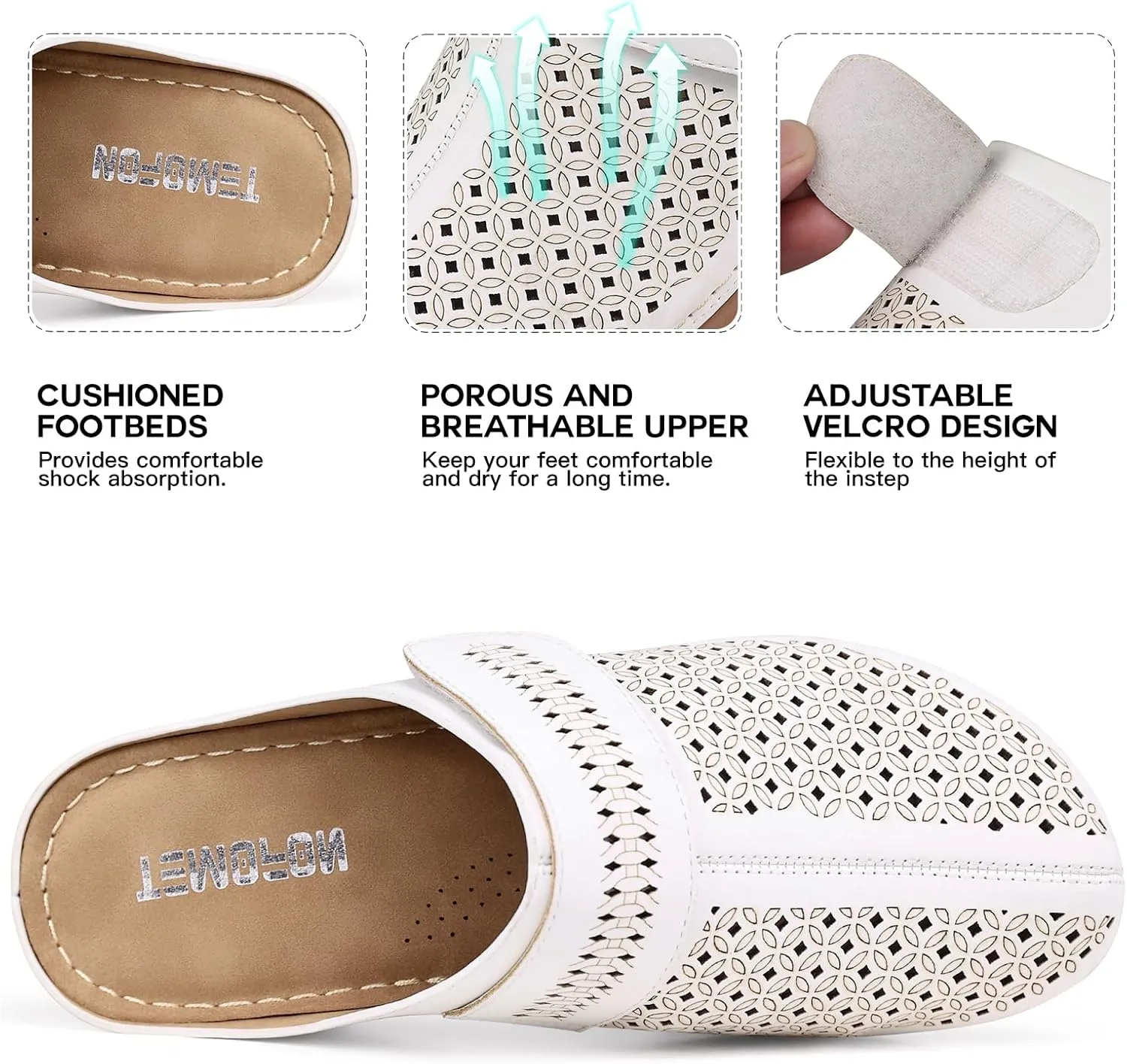 TEMOFON Clogs for Women Mules Shoes: Comfortable Arch Support Closed Toe Sandals Backless Low Wedge Slip on Shoes
