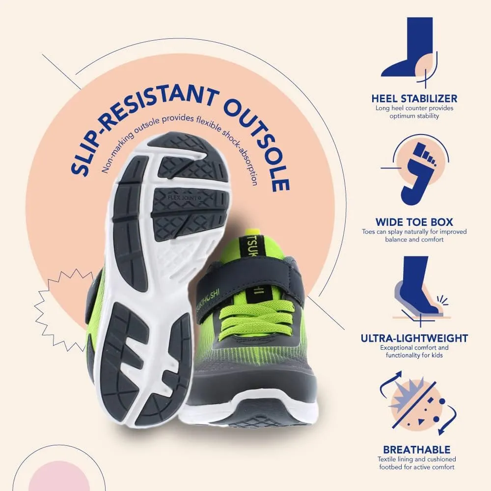 TSUKIHOSHI 3704 Turbo Strap-Closure Machine Washable Child Sneaker Shoe with Wide Toe Box and Slip-Resistant, Non-Marking Outsole - for Toddlers and Little Kids, Ages 1-8