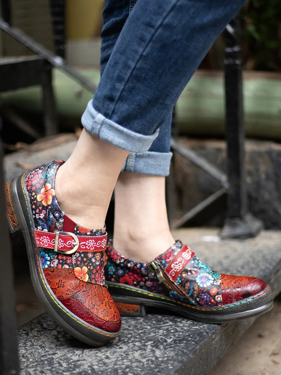 Vicconfy | Floral Printed Boho Genuine Leather Sneakers Oxford Shoes