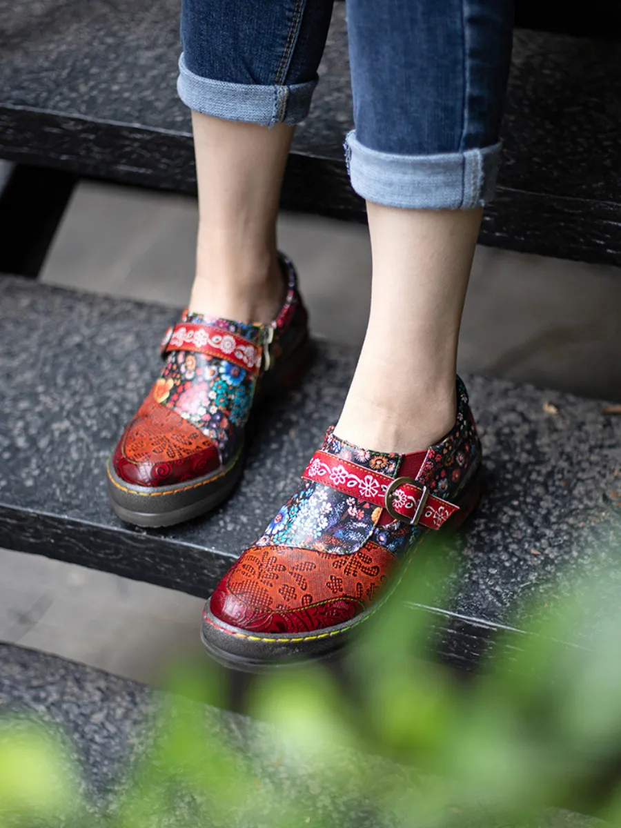 Vicconfy | Floral Printed Boho Genuine Leather Sneakers Oxford Shoes