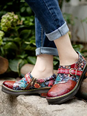 Vicconfy | Floral Printed Boho Genuine Leather Sneakers Oxford Shoes