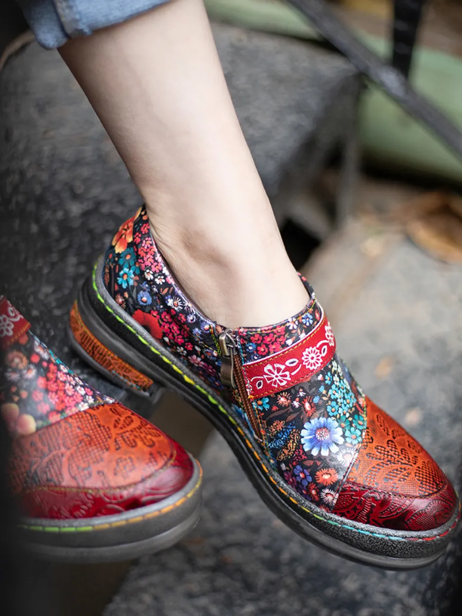 Vicconfy | Floral Printed Boho Genuine Leather Sneakers Oxford Shoes