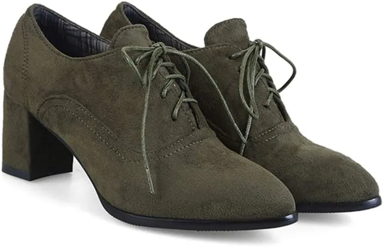 VOKLIN Women's Pointed Toe Lace Up Pump Oxfords Suede Vintage Brogue Chunky Block Mid Heel Office Dress Shoes
