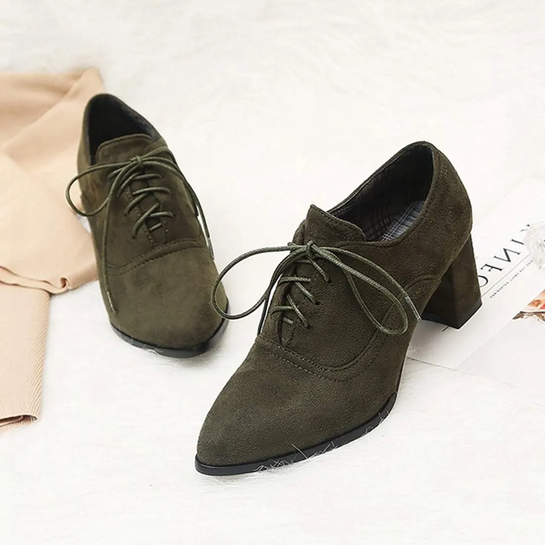 VOKLIN Women's Pointed Toe Lace Up Pump Oxfords Suede Vintage Brogue Chunky Block Mid Heel Office Dress Shoes