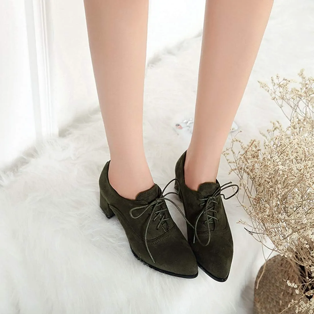 VOKLIN Women's Pointed Toe Lace Up Pump Oxfords Suede Vintage Brogue Chunky Block Mid Heel Office Dress Shoes