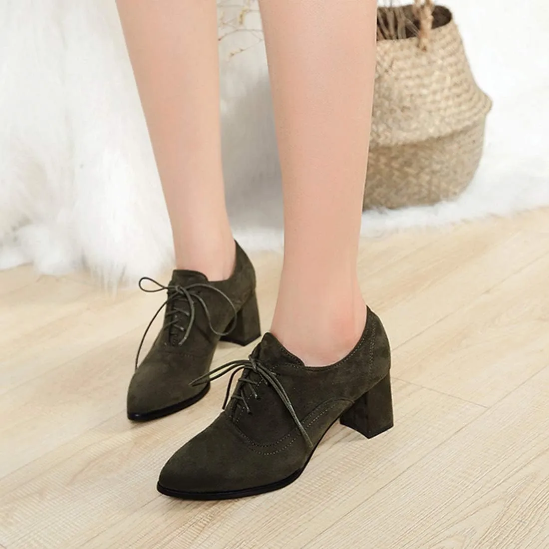 VOKLIN Women's Pointed Toe Lace Up Pump Oxfords Suede Vintage Brogue Chunky Block Mid Heel Office Dress Shoes