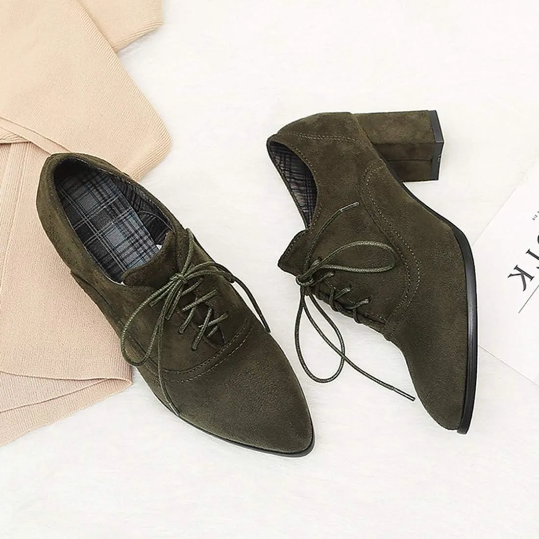 VOKLIN Women's Pointed Toe Lace Up Pump Oxfords Suede Vintage Brogue Chunky Block Mid Heel Office Dress Shoes
