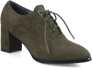 VOKLIN Women's Pointed Toe Lace Up Pump Oxfords Suede Vintage Brogue Chunky Block Mid Heel Office Dress Shoes