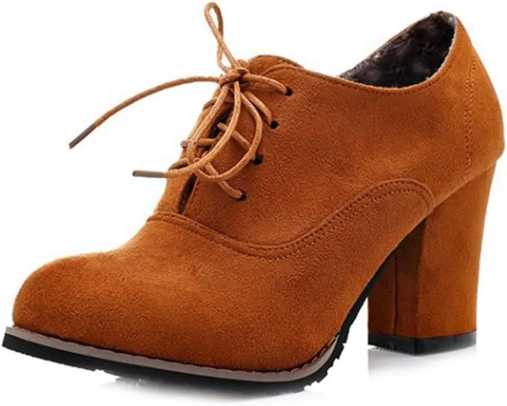 VOKLIN Women's Round Toe Suede Lace Up Half Ankle Booties Chunky Block Heel Dress Short Boots Oxford Shoes