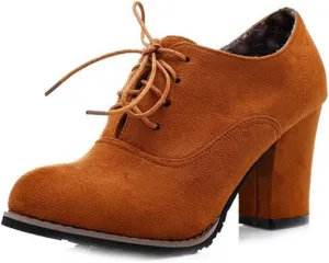 VOKLIN Women's Round Toe Suede Lace Up Half Ankle Booties Chunky Block Heel Dress Short Boots Oxford Shoes
