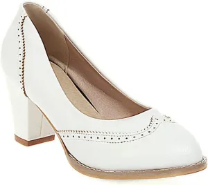 VOKLIN Women's Vintage Round Toe Oxford Pumps Perforated Brogues Leather Chunky Block High Heel Dress Shoes