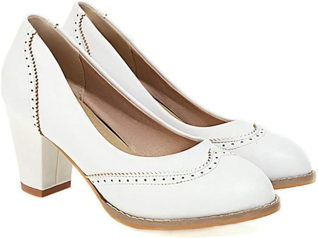 VOKLIN Women's Vintage Round Toe Oxford Pumps Perforated Brogues Leather Chunky Block High Heel Dress Shoes