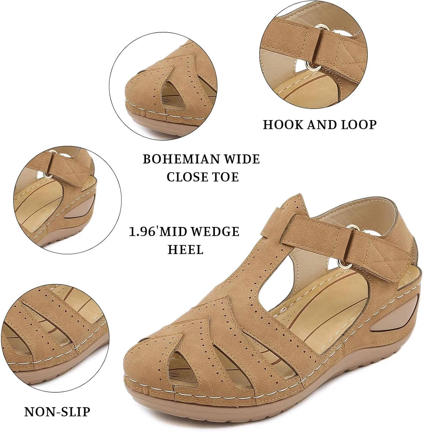 Wedge Sandals for Women Breathable Summer Closed Toe Sandals Dressy Casual Hollow Out Orthopedic Shoes with Arch Support Comfort Ankle Strap Slip On Platform Sandal