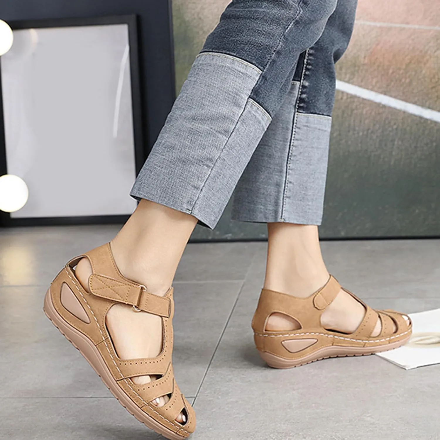 Wedge Sandals for Women Breathable Summer Closed Toe Sandals Dressy Casual Hollow Out Orthopedic Shoes with Arch Support Comfort Ankle Strap Slip On Platform Sandal