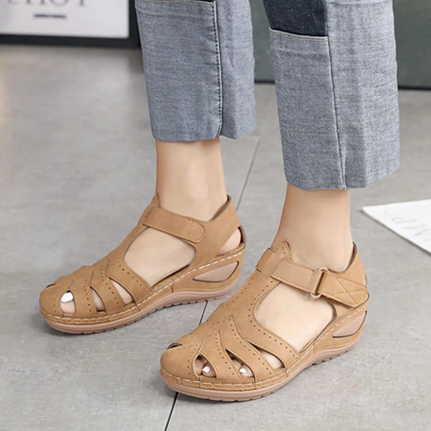 Wedge Sandals for Women Breathable Summer Closed Toe Sandals Dressy Casual Hollow Out Orthopedic Shoes with Arch Support Comfort Ankle Strap Slip On Platform Sandal