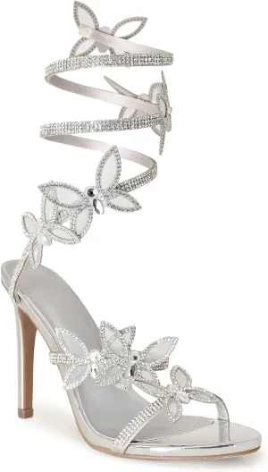 Wild Diva Women's Berlin-527 Diamante Butterfly Detail Wrap Around Rhinestone Strap Stiletto Heel Sandal