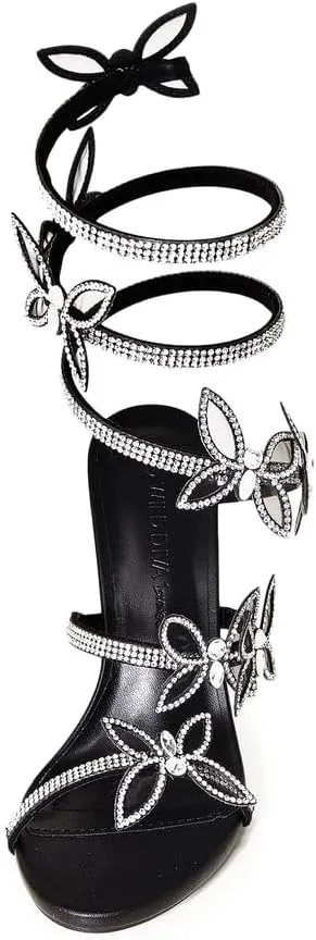 Wild Diva Women's Berlin-527 Diamante Butterfly Detail Wrap Around Rhinestone Strap Stiletto Heel Sandal