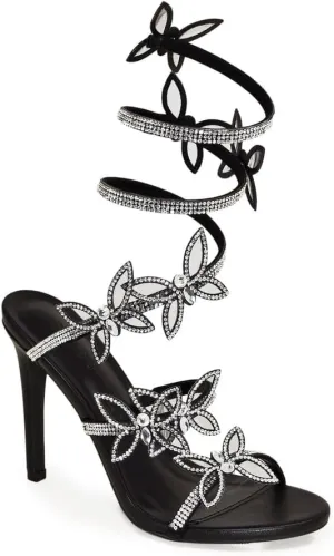 Wild Diva Women's Berlin-527 Diamante Butterfly Detail Wrap Around Rhinestone Strap Stiletto Heel Sandal