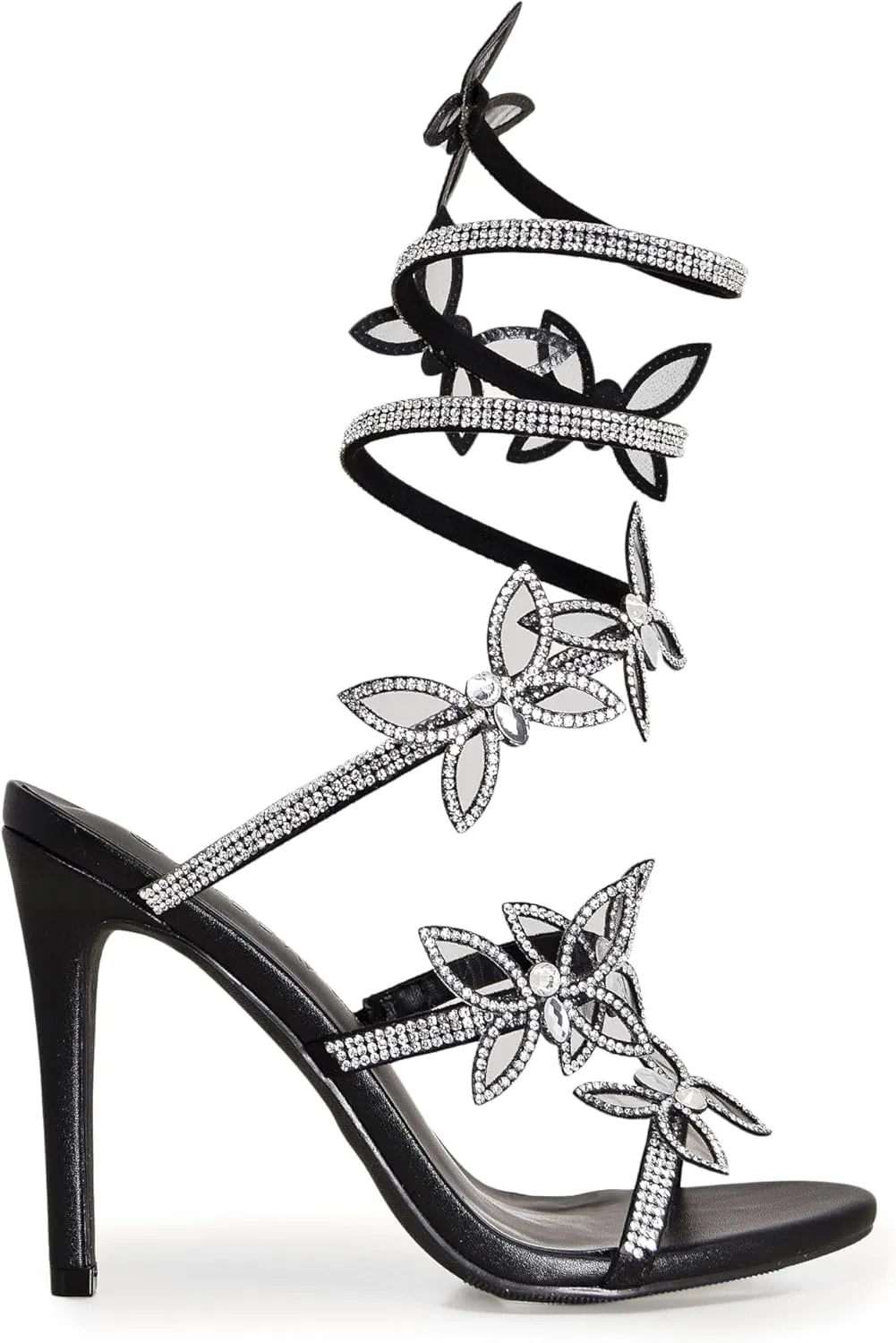 Wild Diva Women's Berlin-527 Diamante Butterfly Detail Wrap Around Rhinestone Strap Stiletto Heel Sandal