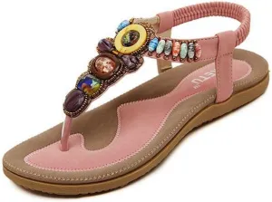 Women Bohemian Flat Bead Sandal Gladiator Shoes Rhinestone Thong Yoga Flip Flops