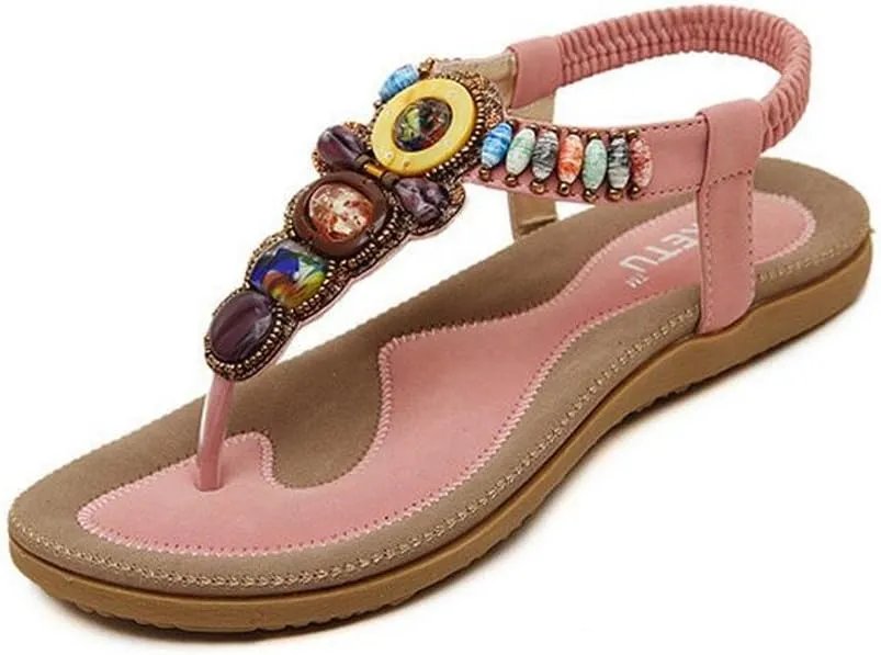 Women Bohemian Flat Bead Sandal Gladiator Shoes Rhinestone Thong Yoga Flip Flops