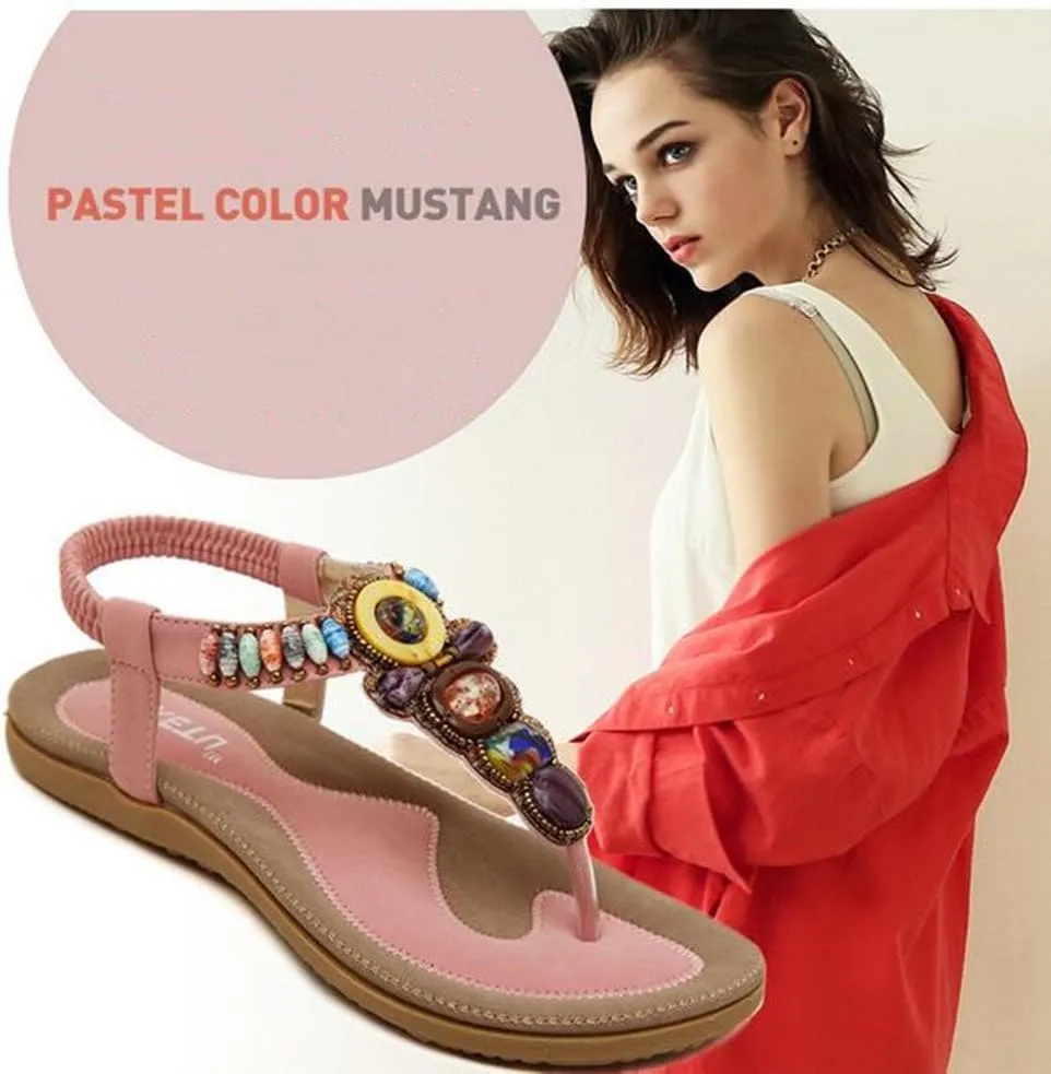 Women Bohemian Flat Bead Sandal Gladiator Shoes Rhinestone Thong Yoga Flip Flops