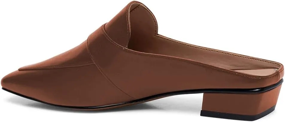 Women Luxury Leather Mules, Closed Square Toe Loafer, Med Chunky Heel Backless Mule Sandals, Lightweight Slip on Slingback Walking Shoes for Ladies, Elegant Dress Casual Slippers, Full Size 4-16 M US