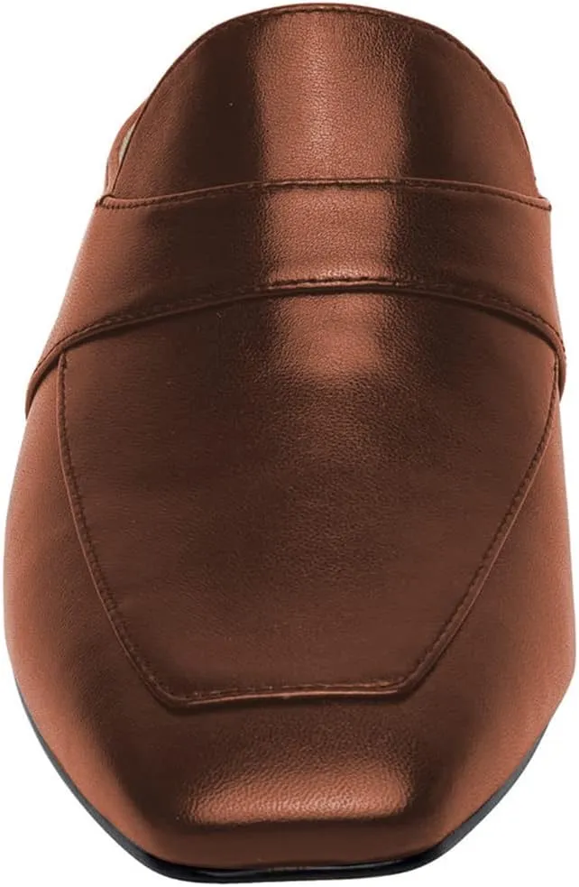 Women Luxury Leather Mules, Closed Square Toe Loafer, Med Chunky Heel Backless Mule Sandals, Lightweight Slip on Slingback Walking Shoes for Ladies, Elegant Dress Casual Slippers, Full Size 4-16 M US