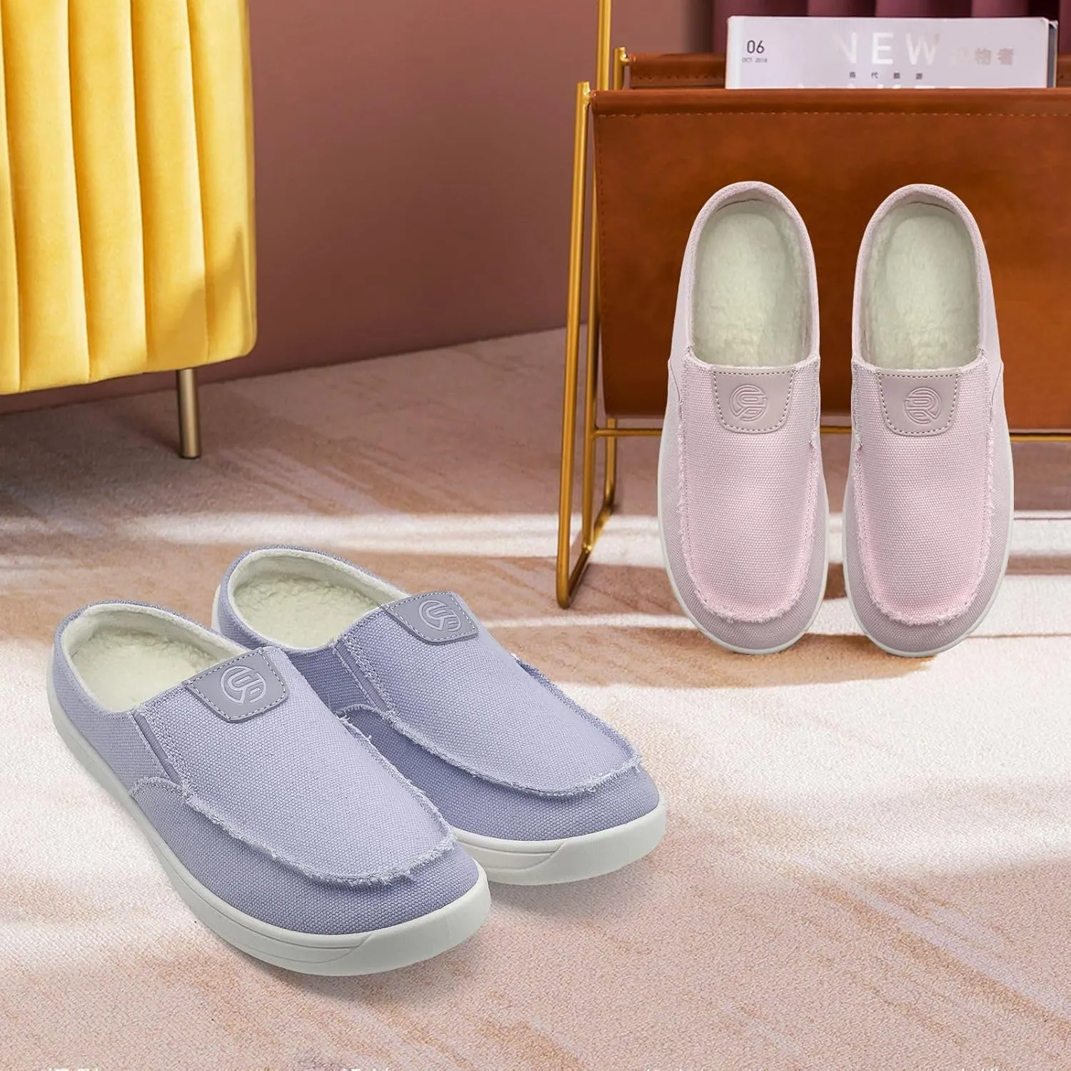 Women Mens Mules Sneakers Winter Warm with Fur Lined Slip-on Mules Slippers Indoor Outdoor Comfort Walking Canvas