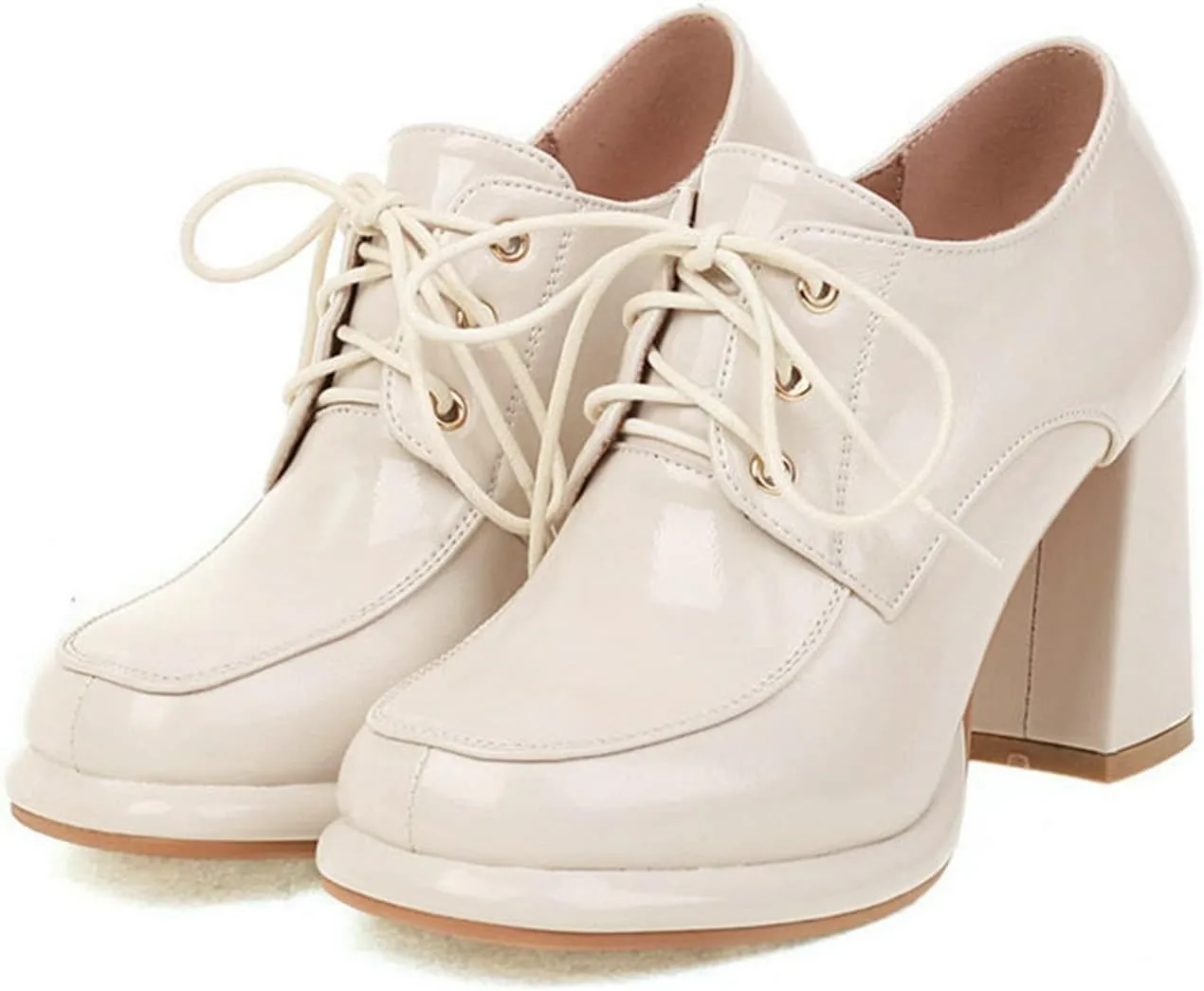 Women Patent PU Leather Pumps Platform Chunky High Heel Square Toe Comfy Lace Up Oxford Dress Shoes