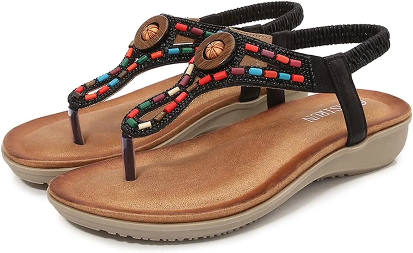 Womens Bohemian Summer Sandals,Casual Beaded Jeweled Sandal,Rhinestone Flower Elastic Ankle Strap Flat Sandals for Beach Pool