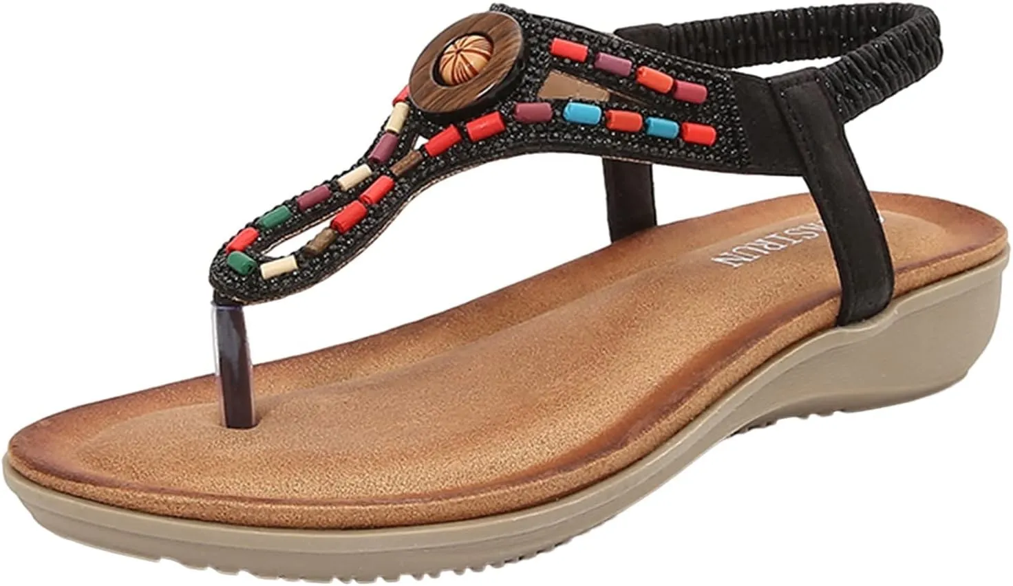 Womens Bohemian Summer Sandals,Casual Beaded Jeweled Sandal,Rhinestone Flower Elastic Ankle Strap Flat Sandals for Beach Pool
