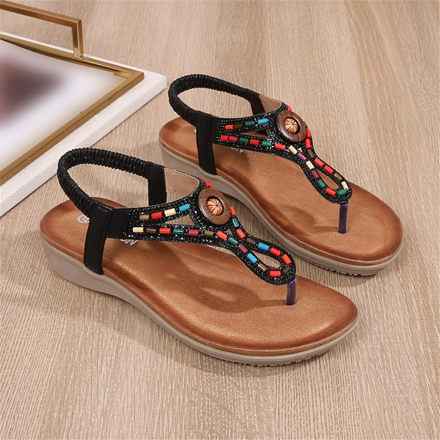 Womens Bohemian Summer Sandals,Casual Beaded Jeweled Sandal,Rhinestone Flower Elastic Ankle Strap Flat Sandals for Beach Pool