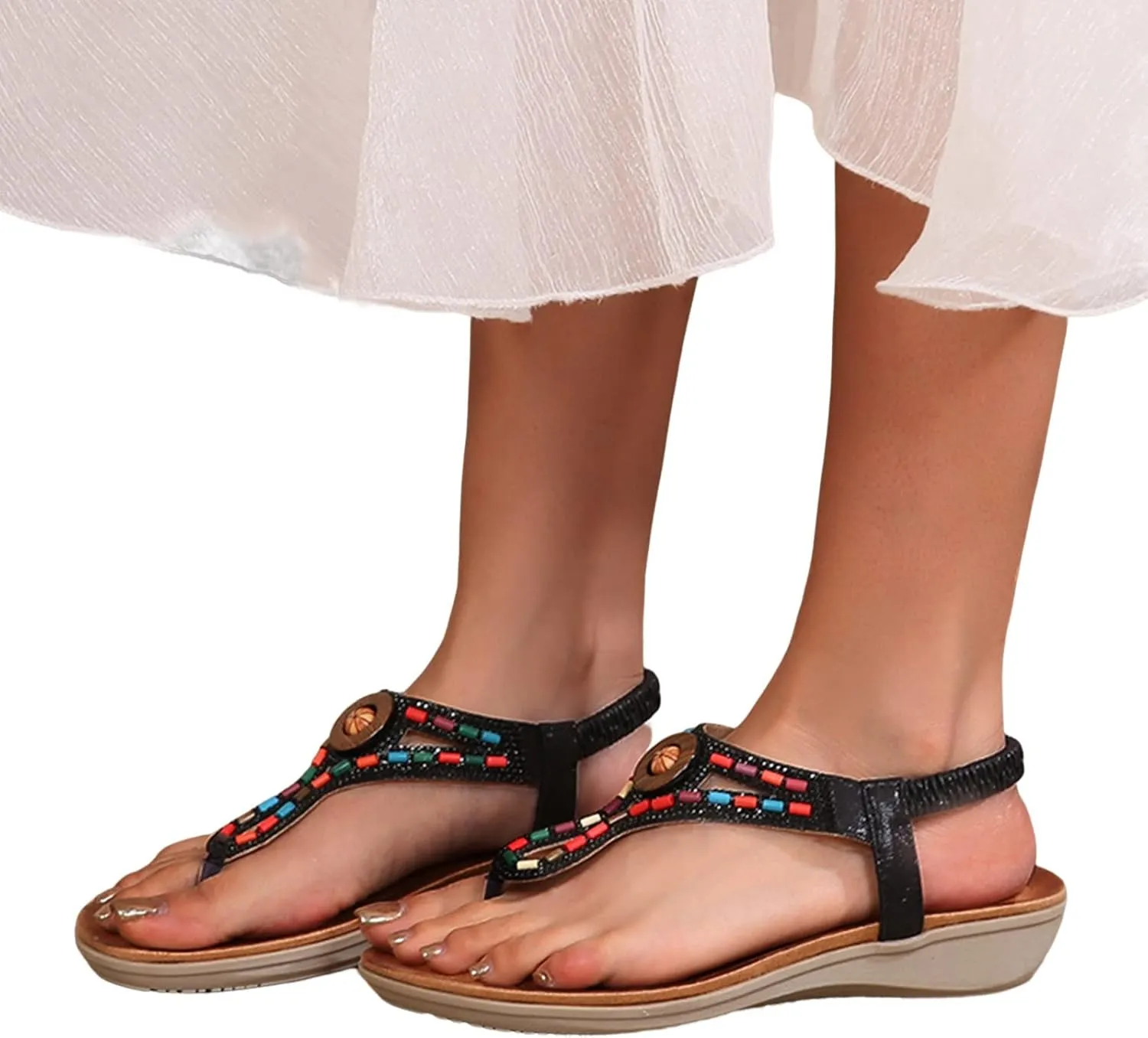 Womens Bohemian Summer Sandals,Casual Beaded Jeweled Sandal,Rhinestone Flower Elastic Ankle Strap Flat Sandals for Beach Pool
