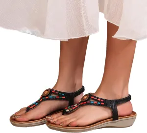 Womens Bohemian Summer Sandals,Casual Beaded Jeweled Sandal,Rhinestone Flower Elastic Ankle Strap Flat Sandals for Beach Pool