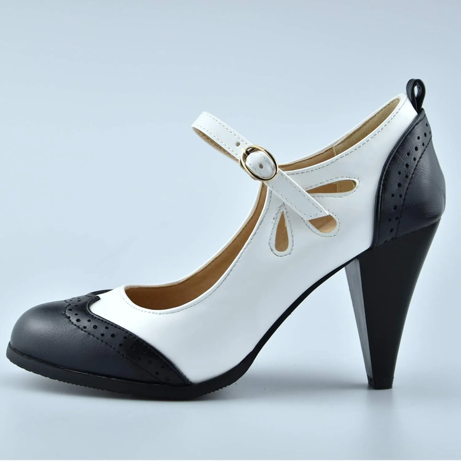 Womens Brown Retro Mary Jane Oxford High Heels Pumps Shoes for Women Teardrop Cutout Round Toe Pierced Strappy Oxfords Mary Janes High-Heel Pump Shoe