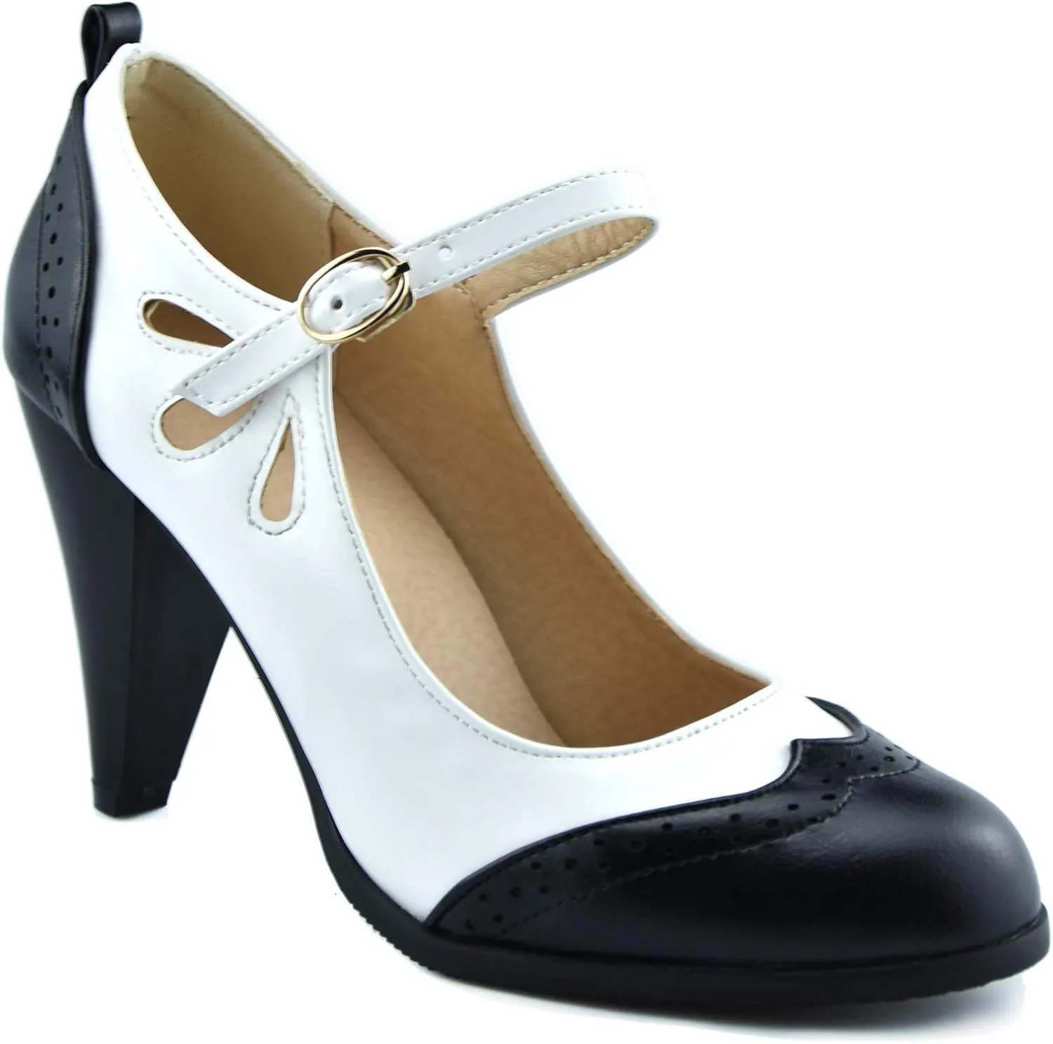 Womens Brown Retro Mary Jane Oxford High Heels Pumps Shoes for Women Teardrop Cutout Round Toe Pierced Strappy Oxfords Mary Janes High-Heel Pump Shoe