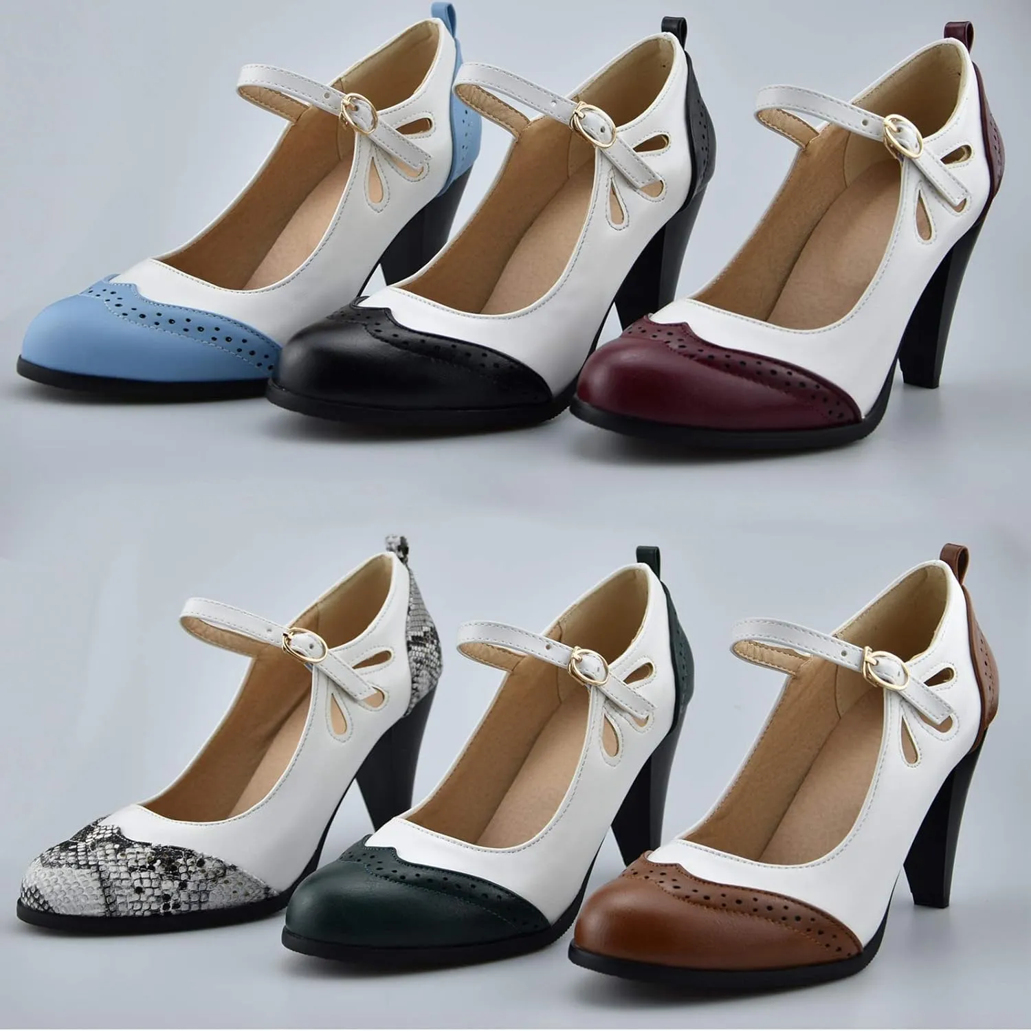 Womens Brown Retro Mary Jane Oxford High Heels Pumps Shoes for Women Teardrop Cutout Round Toe Pierced Strappy Oxfords Mary Janes High-Heel Pump Shoe