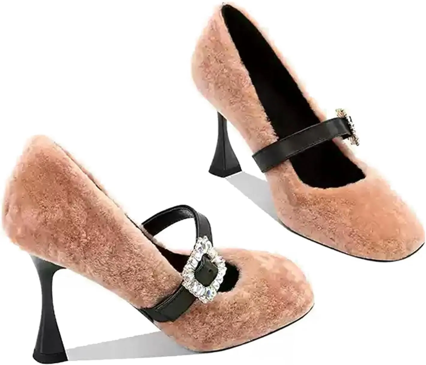 Women's Buckle Mary Jane Pumps Faux Fur High Heels for Women Rhinestone Closed Square Toe Dress Shoes