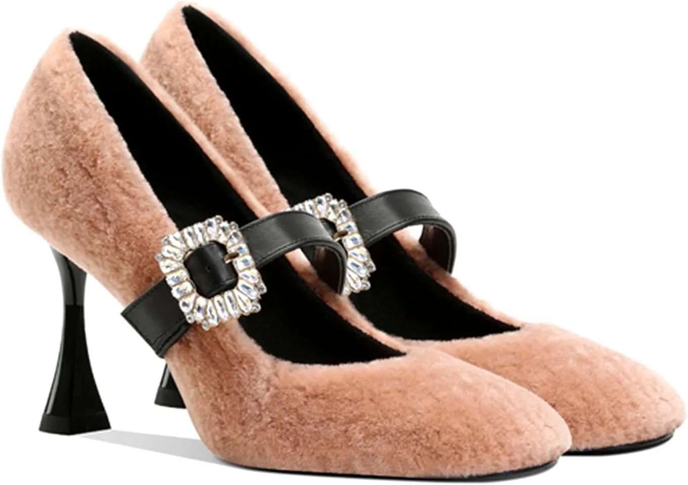 Women's Buckle Mary Jane Pumps Faux Fur High Heels for Women Rhinestone Closed Square Toe Dress Shoes