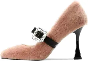 Women's Buckle Mary Jane Pumps Faux Fur High Heels for Women Rhinestone Closed Square Toe Dress Shoes