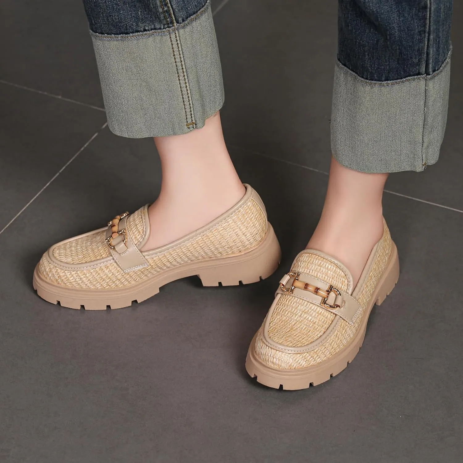 Women's Chunky Platform Loafers with Chain or Buckle Patent Leather Black Penny Loafers Fashion Office Shoes School Dress Shoes Comfort Slip-on