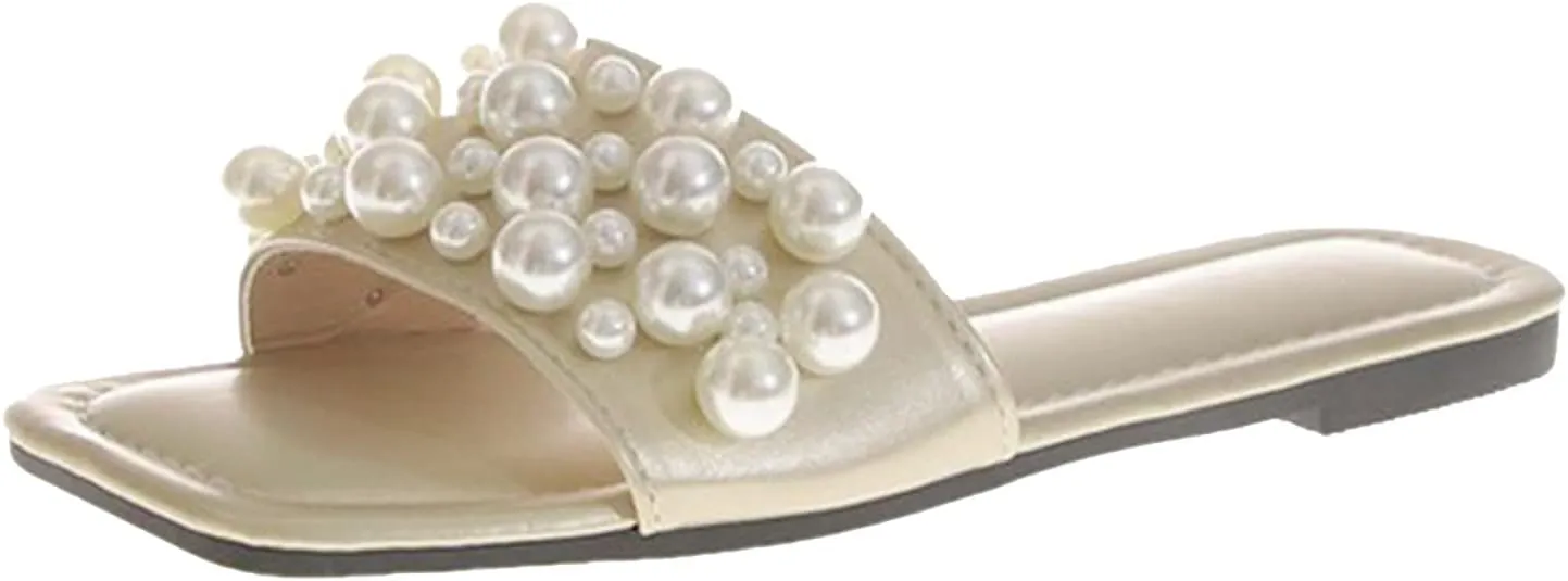 Women's Dressy Flat Sandals Women Slippers Fashionable Summer New Pattern Pearl Decoration Large Flat Beach Shoes