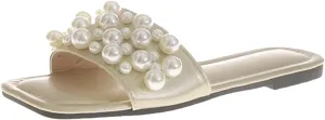 Women's Dressy Flat Sandals Women Slippers Fashionable Summer New Pattern Pearl Decoration Large Flat Beach Shoes